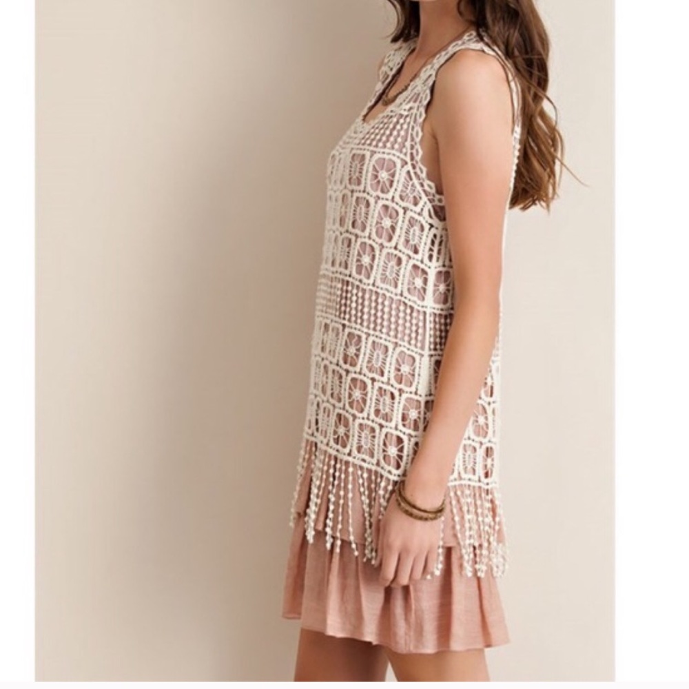 NWOT Mauve Cream Crochet Overlay Tunic/Dress